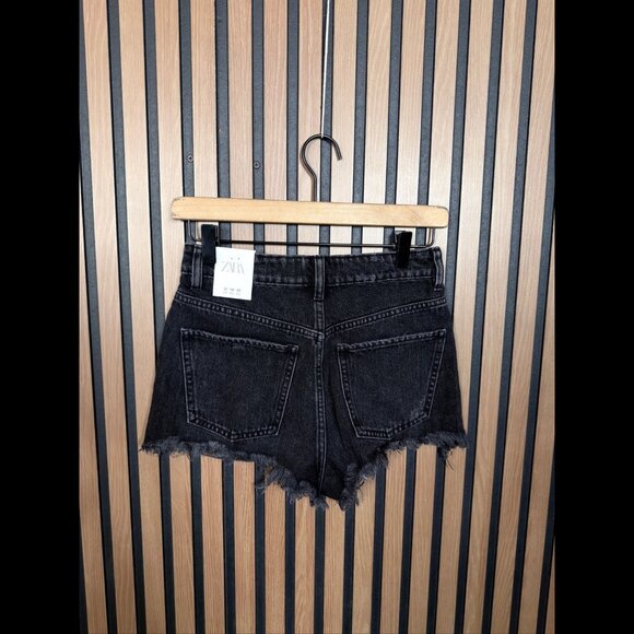 New Zara Jean Shorts 00 Womens Black Mid Rise Cut Off Denim Frayed Button Fly - Picture 2 of 10